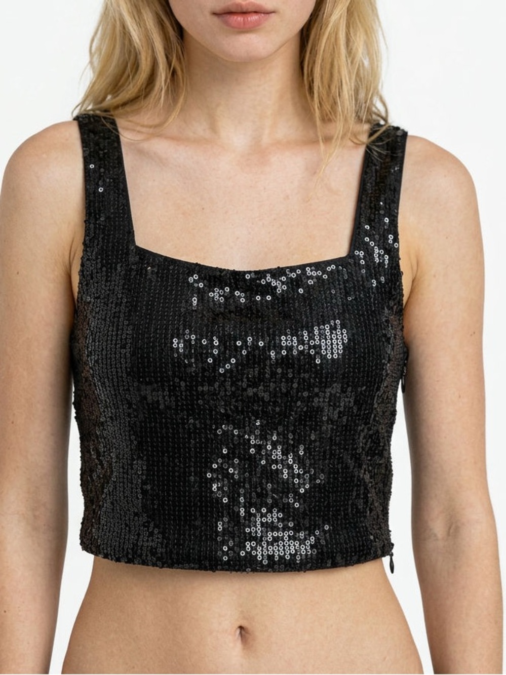 Black Sequin Crop Tank Top